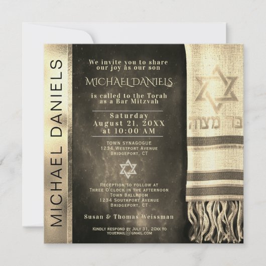 Gold Bar Mitzvah Gebet Shawl Einladung (Vorderseite)