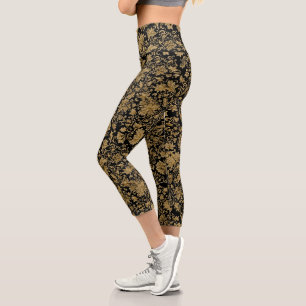 Gold Barock Blumenmuster auf Schwarz Capri Leggings