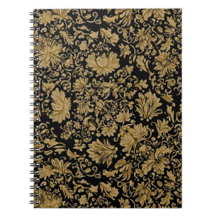 Gold Barock Blumenmuster auf Schwarz Notizblock