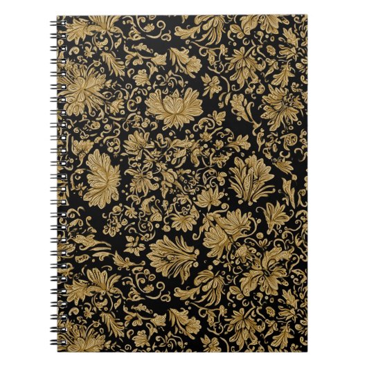 Gold Barock Blumenmuster auf Schwarz Notizblock (Vorderseite)