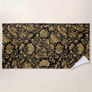 Gold Barock Blumenmuster auf Schwarz Strandtuch