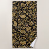 Gold Barock Blumenmuster auf Schwarz Strandtuch (Vorderseite)