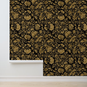 Gold Barock Blumenmuster auf Schwarz Tapete