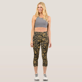 Gold Baroque Floral Allover on Black Capri Leggings