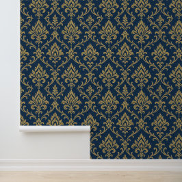 Gold Baroque Floral Dark Blue Tapete