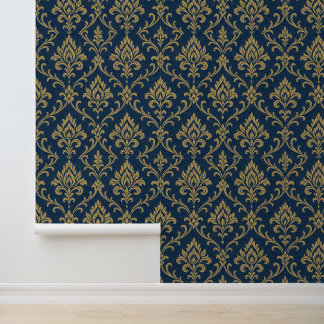 Gold Baroque Floral Dark Blue Tapete