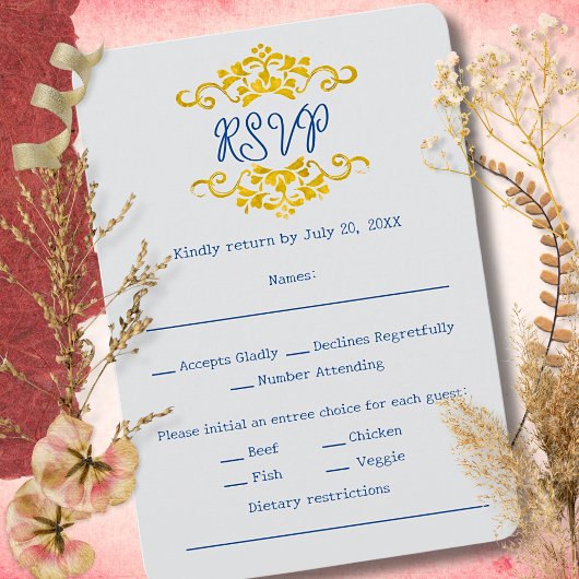 Gold Baroque Floral Heart Mexican Wedding RSVP Karte