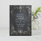 Gold Baroque Frame Blue Gem Dark Teal Wedding Einladung (Stehend Vorderseite)