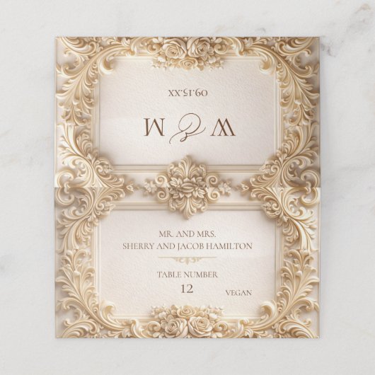 Gold Baroque Monogram Frame Ivory Place Card Platzkarte (Außenseite Aufgefaltet)