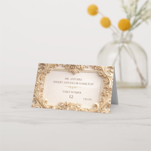 Gold Baroque Monogram Frame Ivory Place Card Platzkarte (Vorderseite)