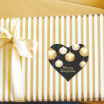Gold Baubles Christmas Ornaments on Black Herz-Aufkleber<br><div class="desc">Elegant gold and white Christmas tree ornaments on a black background, these HEART stickers are perfect for gift wrapping, a holiday dinner party, corporate Christmas party, office party, holiday open house, wedding event, holidays hostess gifts, holiday party favors and more. To further customize, click the "Personalize" button, then the Customize...</div>