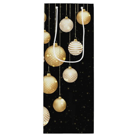 Gold Baubles Christmas Tree Ornaments on Black Geschenktüte Für Weinflaschen (Vorderseite)