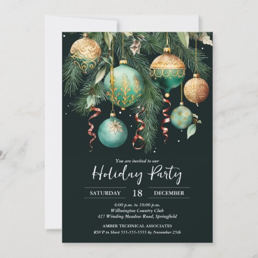 Gold Baubles Christmas Tree Party Einladung (Vorderseite)