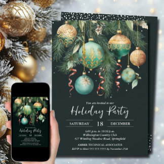 Gold Baubles Christmas Tree Party Einladung