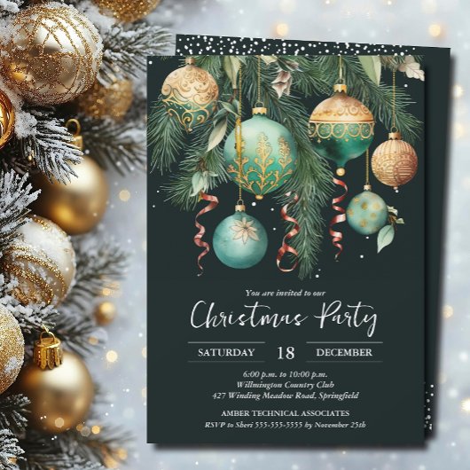 Gold Baubles Christmas Tree Party Invitation Einladung