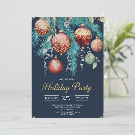Gold Baubles Christmas Tree Party Invitation Einladung (Stehend Vorderseite)