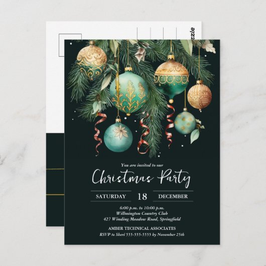 Gold Baubles Christmas Tree Party Invitation Postkarte (Vorne/Hinten)