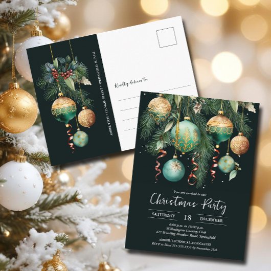 Gold Baubles Christmas Tree Party Invitation Postkarte