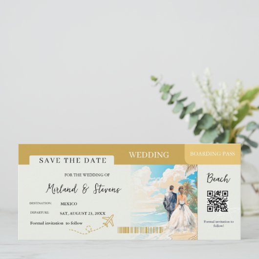 Gold Beach Boarding Pass Hochzeit Save The Date (Stehend Vorderseite)