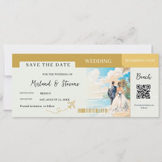 Gold Beach Boarding Pass Hochzeit Save The Date (Vorderseite)