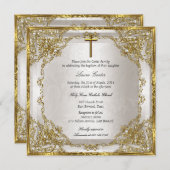 Gold Beige Perl Damask Cross Taufen/Christening Einladung (Vorne/Hinten)