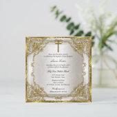 Gold Beige Perl Damask Cross Taufen/Christening Einladung (Stehend Vorderseite)