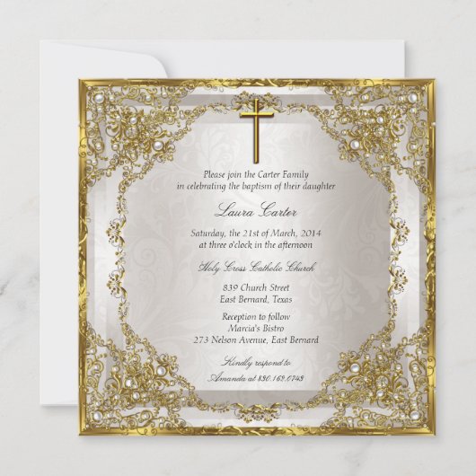 Gold Beige Perl Damask Cross Taufen/Christening Einladung (Vorderseite)