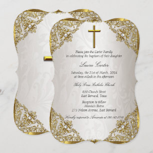 Gold Beige Perlen Damast Kreuz Taufe Einladung