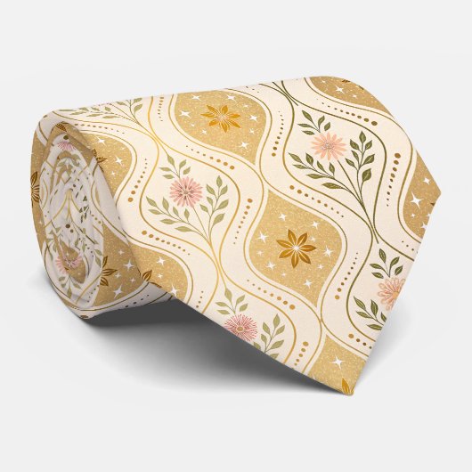 Gold-Beige Retro-Blumenmuster aus der Mitte des Ja Krawatte (Gerollt)
