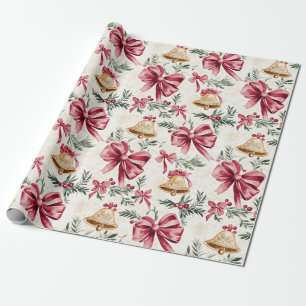 Gold Bells Pink Bows Weihnachten Geschenkpapier