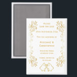 Gold Bells Scrollwork Design Wedding Save the Date Magnet<br><div class="desc">Hochzeit speichern Sie das Design der Datums-Magneten Glocken. Passen Sie diese goldfarbene Hochzeit an,  speichern Sie den Datums-Magneten mit Ihren Hochzeitsdetails. Wenn Sie Hilfe bei der Anpassung benötigen,  kontaktieren Sie uns über den Link auf dieser Seite. Goldfarbene Glocken Design personalisierte Hochzeit speichern das Datum Magnet</div>
