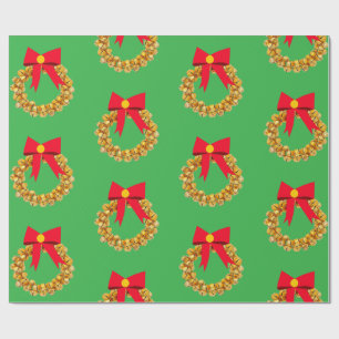Gold Bells Wreath Green Wrapping Paper Geschenkpapier