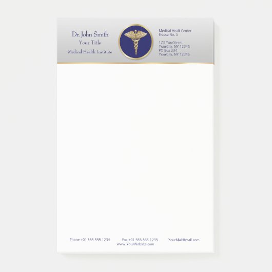 Gold Beruflich Medical Blue Caduceus Post-it Klebezettel (Vorderseite)