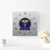 Gold Berufliche medizinische Caduceus Blauer Name Quadratische Wanduhr (Zuhause)