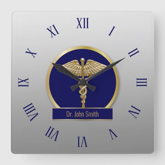 Gold Berufliche medizinische Caduceus Blauer Name Quadratische Wanduhr (Vorderseite)