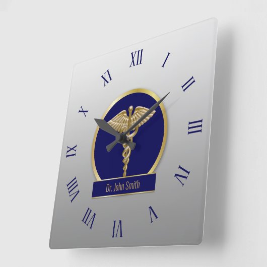 Gold Berufliche medizinische Caduceus Blauer Name Quadratische Wanduhr (Winkel)