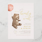 Gold Beyond Wait | Pink Balloon & Bear Baby Dusche Folieneinladung (Vorderseite)