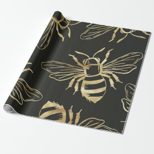 Gold Bienendesign, auf schwarzem Hintergrund. Geschenkpapier