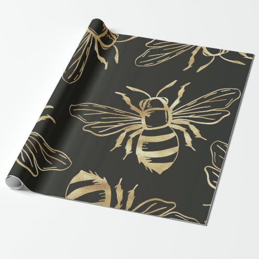 Gold Bienendesign, auf schwarzem Hintergrund. Geschenkpapier (Ungerollt)