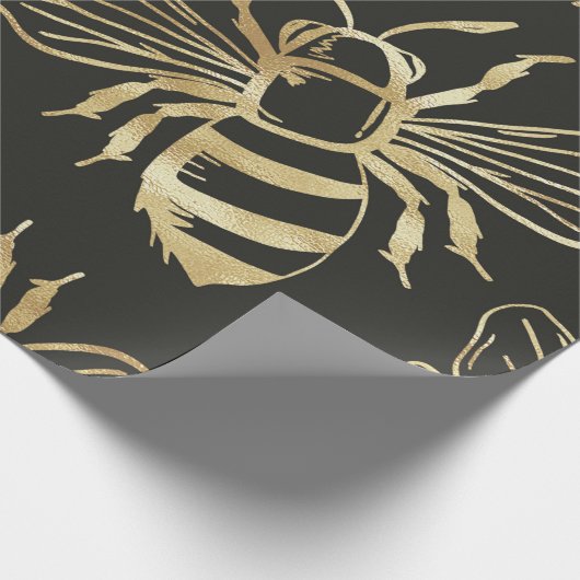 Gold Bienendesign, auf schwarzem Hintergrund. Geschenkpapier (Ecke)