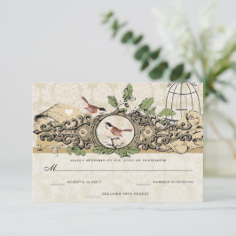 Gold Birdcage Damask Acorn Vintag Love Birds UAWG RSVP Karte