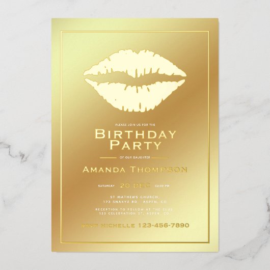 Gold Birthday Kiss Lips Einladung (Vorderseite)