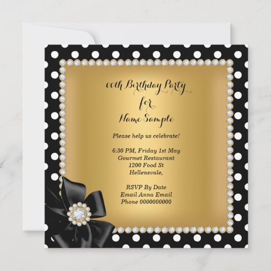 Gold Birthday Party Schwarz-weiß Polka Dots Einladung (Rückseite)