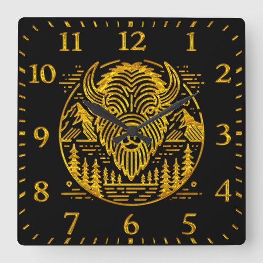 Gold Bison Amid Mountains and Trees Quadratische Wanduhr (Vorderseite)