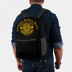 Gold Bison Head mit Bergen und Bäumen Bedruckter Rucksack