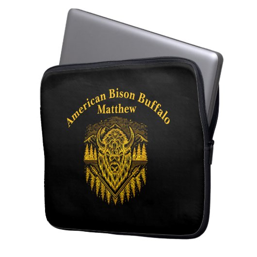 Gold Bison Head mit Bergen und Bäumen Laptopschutzhülle (Vorderseite Links)