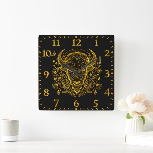 Gold Bison Illustration umgeben von Natur Quadratische Wanduhr (Zuhause)