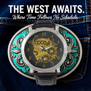 Gold-Bison mit Blume und Foliage Armbanduhr