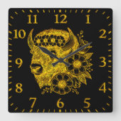Gold-Bison mit Blume und Foliage Quadratische Wanduhr (Vorderseite)