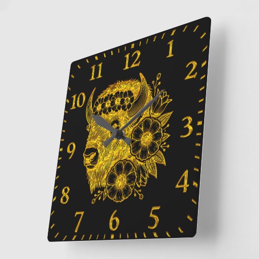 Gold-Bison mit Blume und Foliage Quadratische Wanduhr (Winkel)